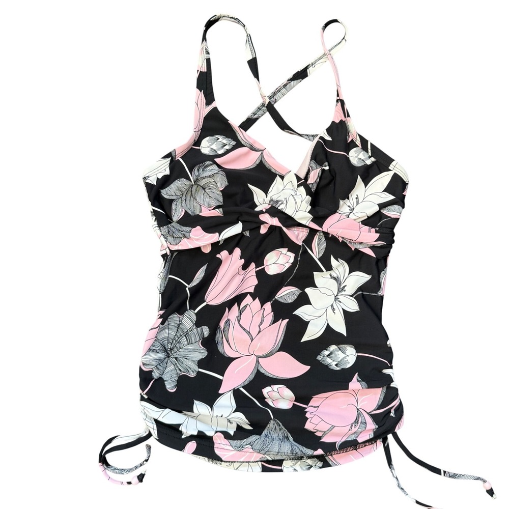 Seafolly Australia Bali‎ Hai Floral Tankini Top 10 Black Pink Crossback Swimwear